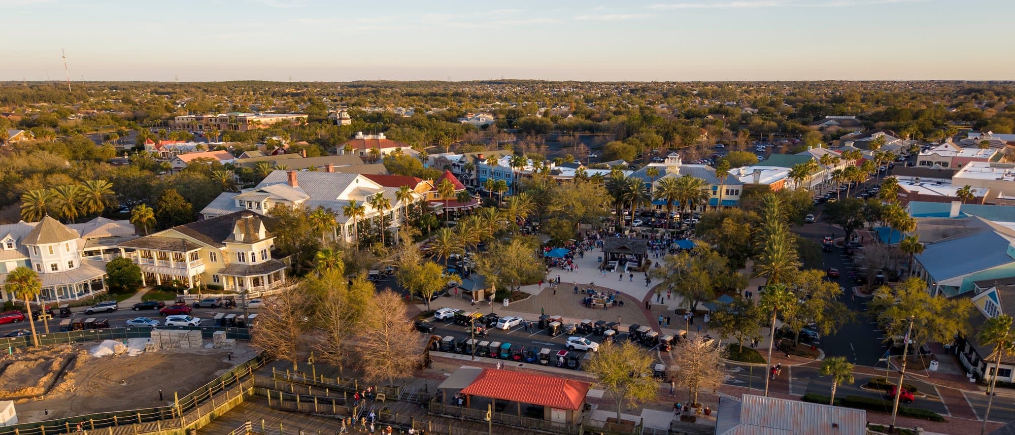 Aerial view of a town square in The Villages at golden hour