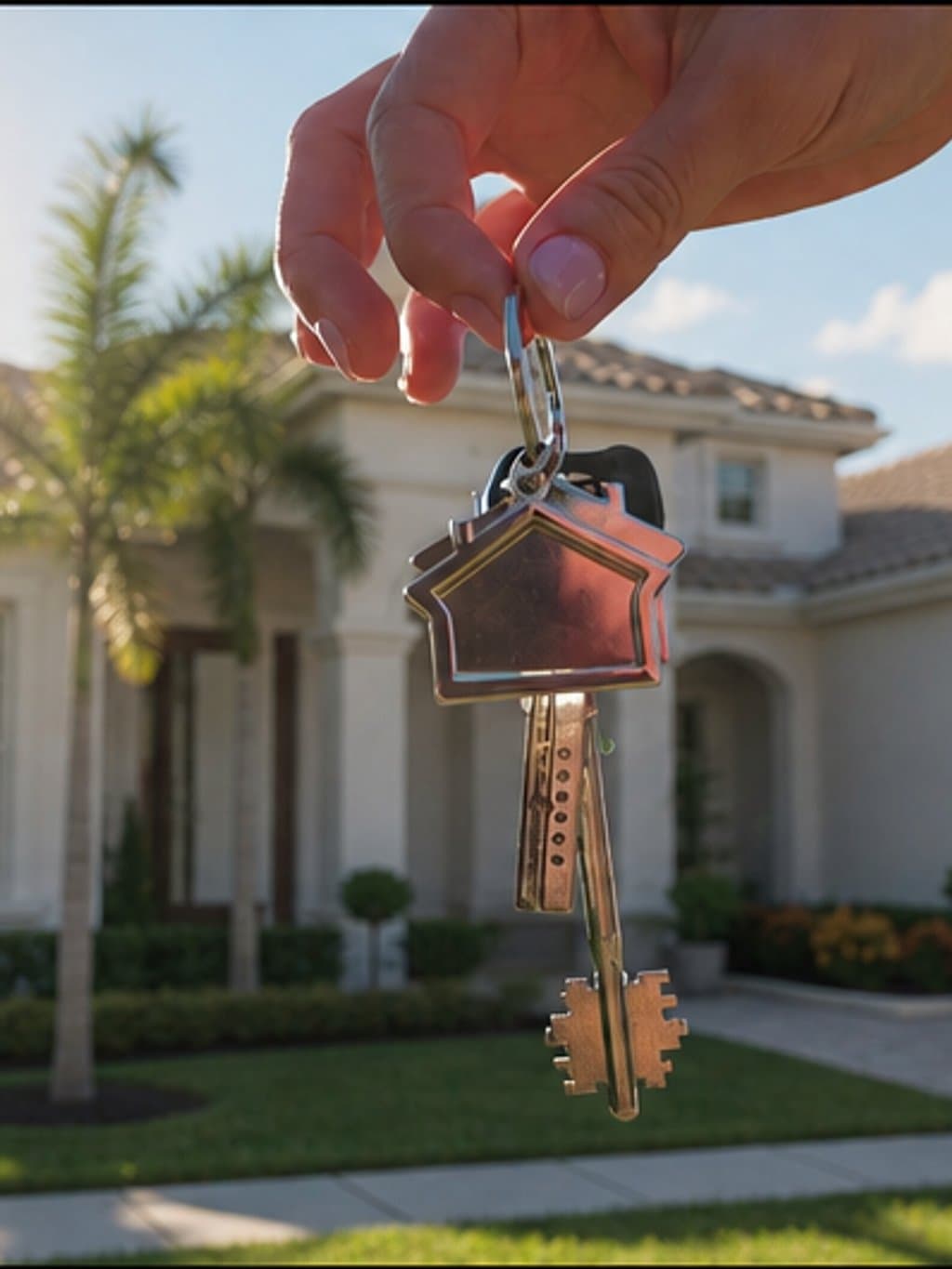 Agent handing over a house-shaped key at closing
